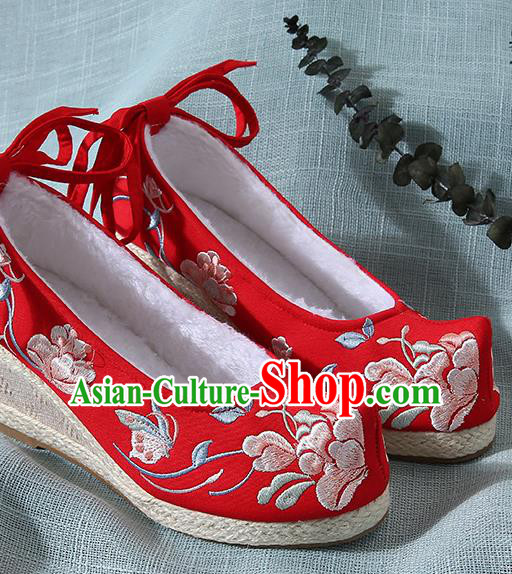 Chinese Handmade Embroidered Winter Red High Heels Shoes Traditional Ming Dynasty Hanfu Shoes Princess Shoes for Women