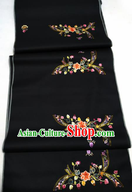 Chinese Traditional Embroidered Flowers Pattern Design Black Silk Fabric Asian China Hanfu Silk Material