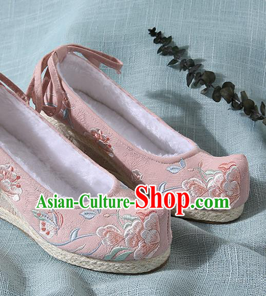 Chinese Handmade Embroidered Winter Pink High Heels Shoes Traditional Ming Dynasty Hanfu Shoes Princess Shoes for Women