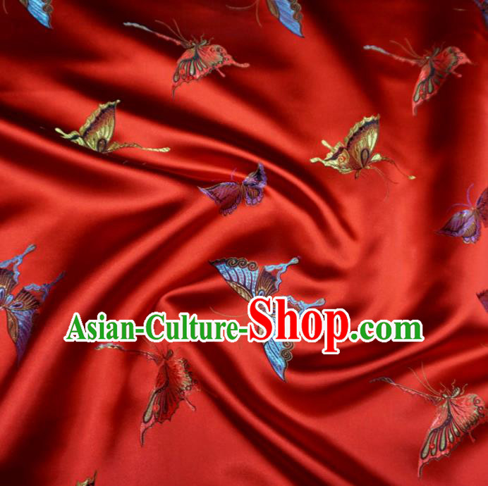 Chinese Traditional Colorful Butterfly Pattern Design Red Brocade Fabric Asian Satin China Hanfu Silk Material