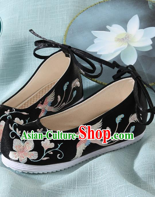 Chinese Handmade Embroidered Plum Bird Black Bow Shoes Traditional Ming Dynasty Hanfu Shoes Princess Shoes for Women