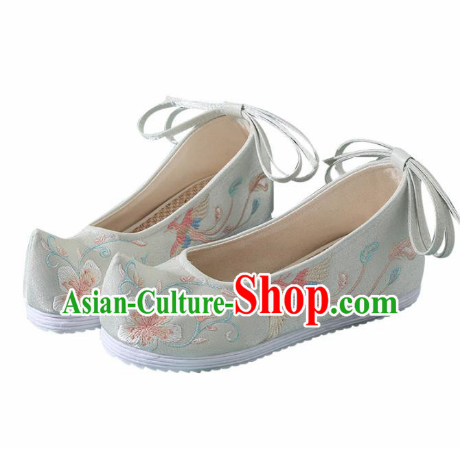 Chinese Handmade Embroidered Plum Bird Light Green Bow Shoes Traditional Ming Dynasty Hanfu Shoes Princess Shoes for Women