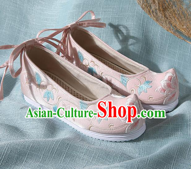 Chinese Handmade Embroidered Twine Flower Pink Bow Shoes Traditional Ming Dynasty Hanfu Shoes Princess Shoes for Women