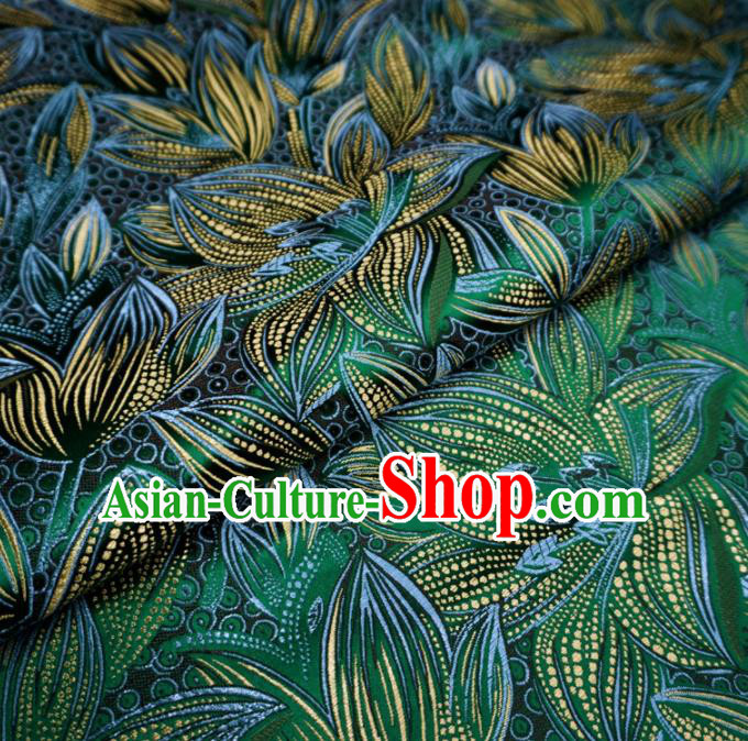 Chinese Traditional Lily Flowers Pattern Design Deep Green Brocade Fabric Asian Satin China Hanfu Silk Material