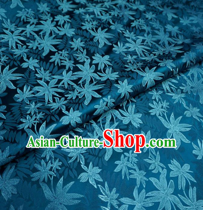 Chinese Traditional Maple Leaf Pattern Design Blue Brocade Fabric Asian Satin China Hanfu Silk Material