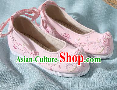 Chinese Handmade Embroidered Chrysanthemum Pink Bow Shoes Traditional Ming Dynasty Hanfu Shoes Princess Shoes for Women