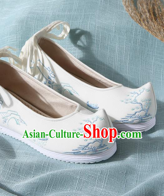 Chinese Handmade Embroidered Pine White Bow Shoes Traditional Ming Dynasty Hanfu Shoes Princess Shoes for Women