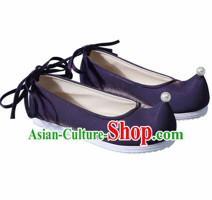 Chinese Handmade Pearl Navy Shoes Traditional Ming Dynasty Hanfu Shoes Princess Shoes for Women