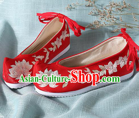 Chinese Handmade Embroidered Lotus Red Bow Shoes Traditional Ming Dynasty Hanfu Shoes Princess Shoes for Women