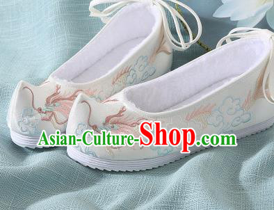 Chinese Handmade Embroidered Dragon Beige Bow Shoes Traditional Ming Dynasty Hanfu Shoes Princess Shoes for Women