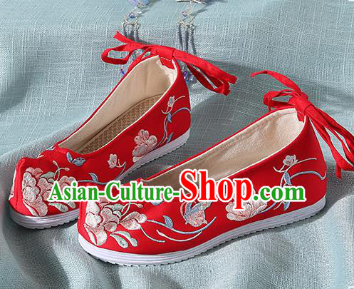 Chinese Handmade Embroidered Peony Butterfly Red Bow Shoes Traditional Ming Dynasty Hanfu Shoes Princess Shoes for Women