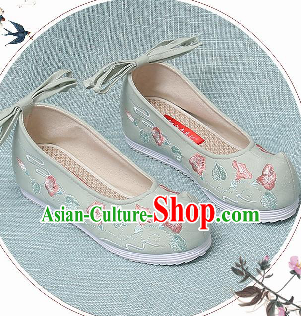 Chinese Handmade Embroidered Petunia Green Bow Shoes Traditional Ming Dynasty Hanfu Shoes Princess Shoes for Women