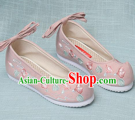 Chinese Handmade Embroidered Petunia Pink Bow Shoes Traditional Ming Dynasty Hanfu Shoes Princess Shoes for Women