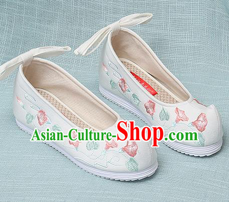 Chinese Handmade Embroidered Petunia White Bow Shoes Traditional Ming Dynasty Hanfu Shoes Princess Shoes for Women