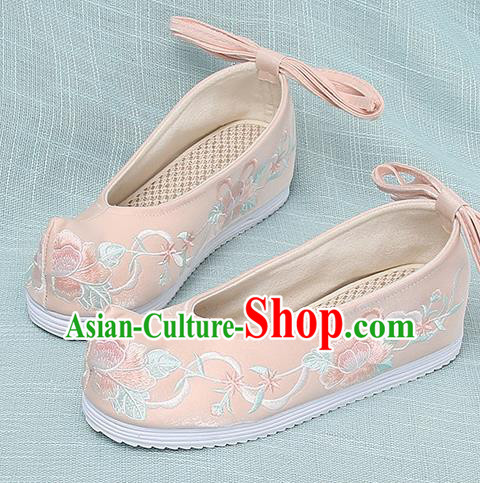 Chinese Handmade Embroidered Peony Pink Bow Shoes Traditional Ming Dynasty Hanfu Shoes Princess Shoes for Women