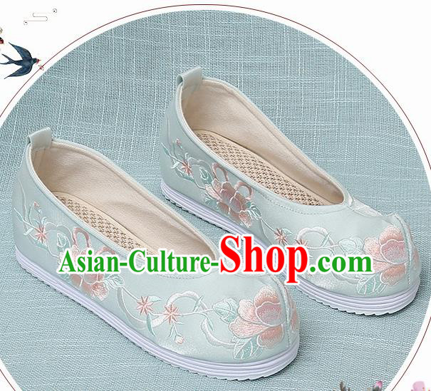 Chinese Handmade Embroidered Peony Light Green Bow Shoes Traditional Ming Dynasty Hanfu Shoes Princess Shoes for Women