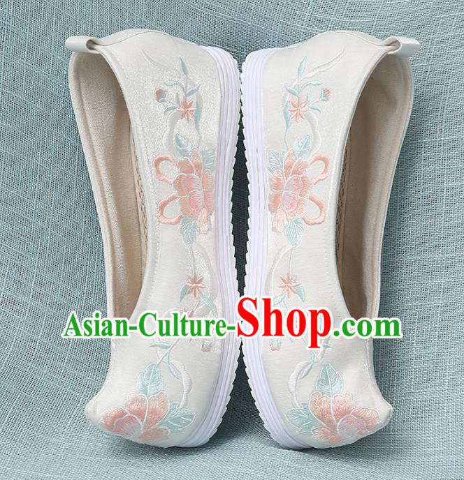 Chinese Handmade Embroidered Peony Beige Bow Shoes Traditional Ming Dynasty Hanfu Shoes Princess Shoes for Women