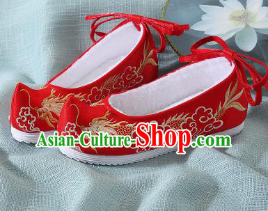 Chinese Handmade Embroidered Dragon Red Bow Shoes Traditional Ming Dynasty Hanfu Shoes Princess Shoes for Women