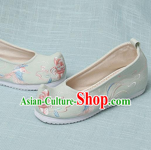 Chinese Handmade Embroidered Bird Peony Light Green Bow Shoes Traditional Ming Dynasty Hanfu Shoes Princess Shoes for Women