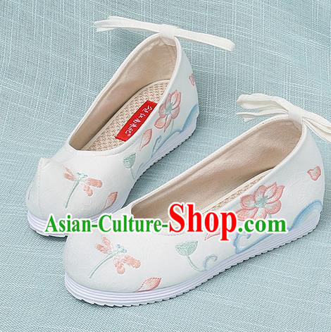 Chinese Handmade Embroidered Dragonfly Lotus White Bow Shoes Traditional Ming Dynasty Hanfu Shoes Princess Shoes for Women