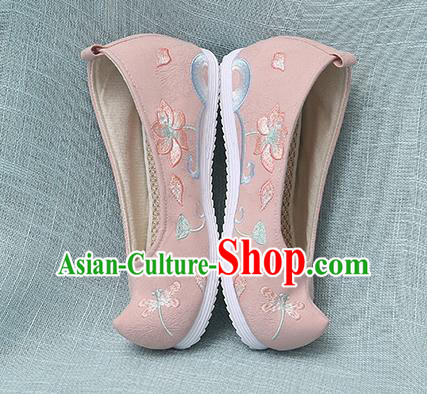 Chinese Handmade Embroidered Dragonfly Lotus Pink Bow Shoes Traditional Ming Dynasty Hanfu Shoes Princess Shoes for Women
