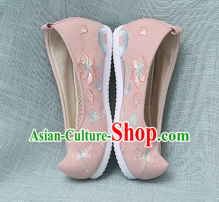 Chinese Handmade Embroidered Dragonfly Lotus Pink Bow Shoes Traditional Ming Dynasty Hanfu Shoes Princess Shoes for Women