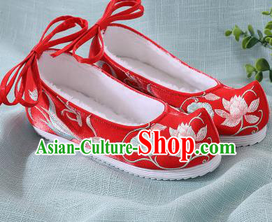 Chinese Handmade Embroidered Lotus Fish Red Bow Shoes Traditional Ming Dynasty Hanfu Shoes Princess Shoes for Women