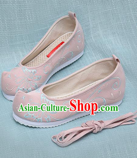 Chinese Handmade Embroidered Butterfly Pink Bow Shoes Traditional Ming Dynasty Hanfu Shoes Princess Shoes for Women