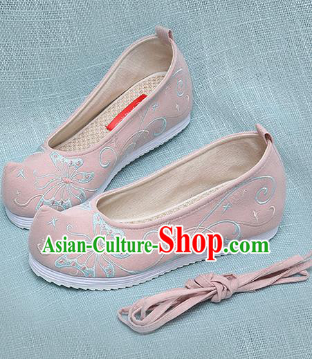 Chinese Handmade Embroidered Butterfly Pink Bow Shoes Traditional Ming Dynasty Hanfu Shoes Princess Shoes for Women