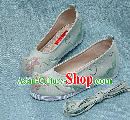 Chinese Handmade Embroidered Lotus Green Bow Shoes Traditional Ming Dynasty Hanfu Shoes Princess Shoes for Women