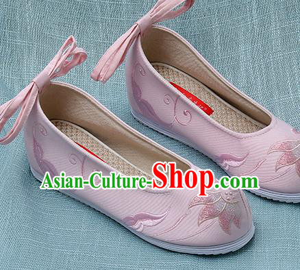 Chinese Handmade Embroidered Lotus Pink Bow Shoes Traditional Ming Dynasty Hanfu Shoes Princess Shoes for Women