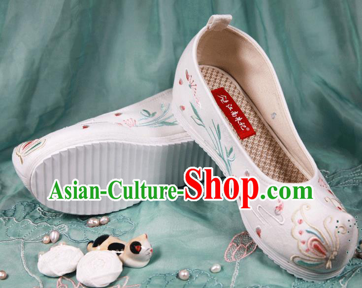 Chinese Handmade Embroidered Dandelion Butterfly White Bow Shoes Traditional Ming Dynasty Hanfu Shoes Princess Shoes for Women