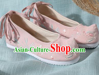 Chinese Handmade Embroidered Dandelion Butterfly Pink Bow Shoes Traditional Ming Dynasty Hanfu Shoes Princess Shoes for Women