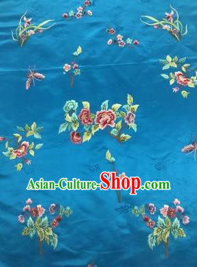 Chinese Traditional Embroidered Orchid Peony Pattern Design Blue Silk Fabric Asian China Hanfu Silk Material