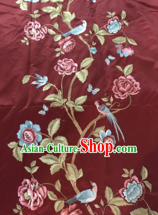 Chinese Traditional Embroidered Peony Bird Pattern Design Purplish Red Silk Fabric Asian China Hanfu Silk Material