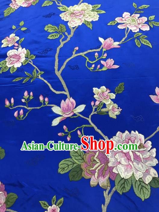 Chinese Traditional Embroidered Yulan Magnolia Pattern Design Royalblue Silk Fabric Asian China Hanfu Silk Material