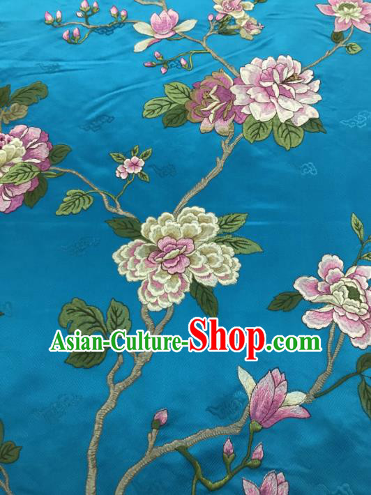 Chinese Traditional Embroidered Yulan Magnolia Pattern Design Blue Silk Fabric Asian China Hanfu Silk Material