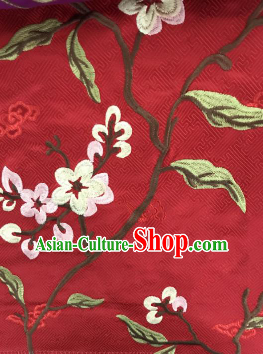 Chinese Traditional Embroidered Flowers Pattern Design Red Silk Fabric Asian China Hanfu Silk Material