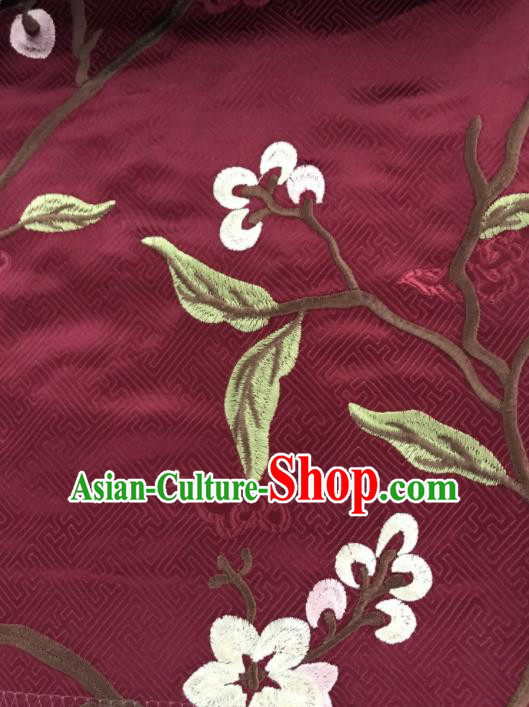 Chinese Traditional Embroidered Flowers Pattern Design Purplish Red Silk Fabric Asian China Hanfu Silk Material