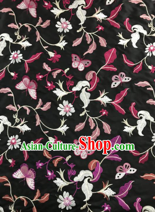 Chinese Traditional Embroidered Grass Butterfly Pattern Design Black Silk Fabric Asian China Hanfu Silk Material