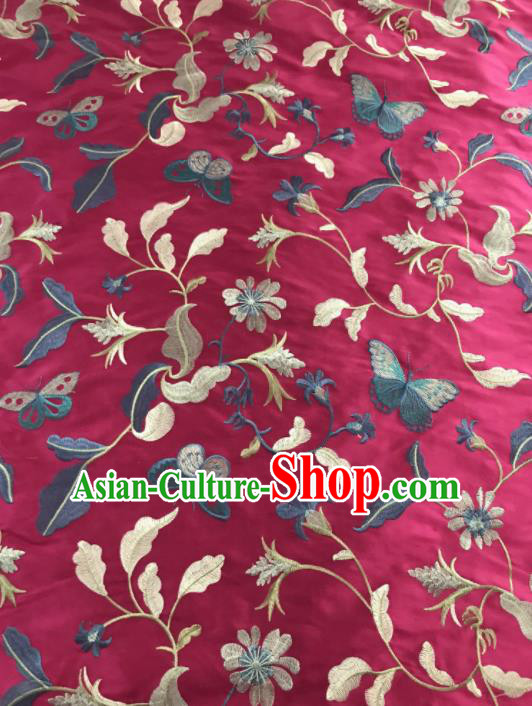 Chinese Traditional Embroidered Grass Butterfly Pattern Design Rosy Silk Fabric Asian China Hanfu Silk Material