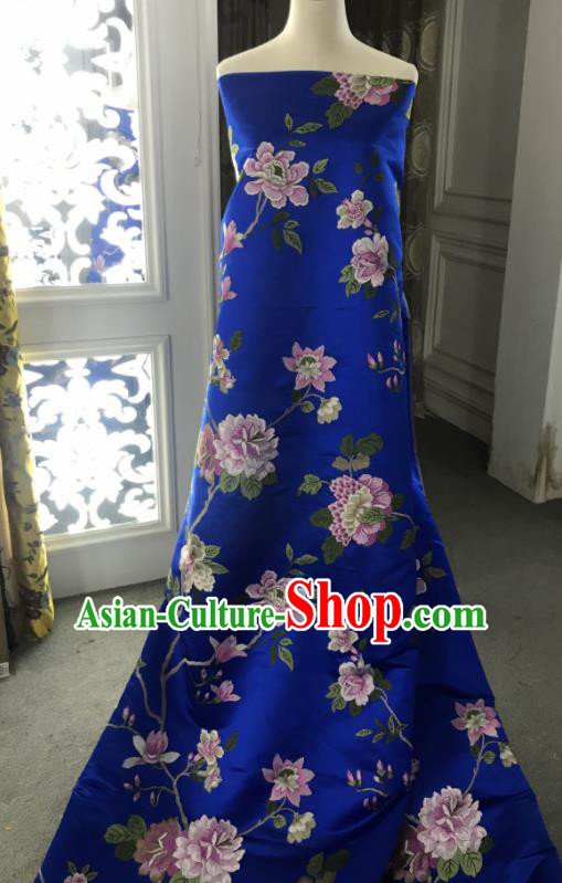 Chinese Traditional Embroidered Peony Pattern Design Royalblue Silk Fabric Asian China Hanfu Silk Material