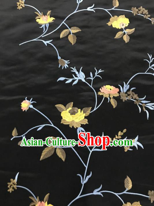 Chinese Traditional Embroidered Vine Flowers Pattern Design Black Silk Fabric Asian China Hanfu Silk Material