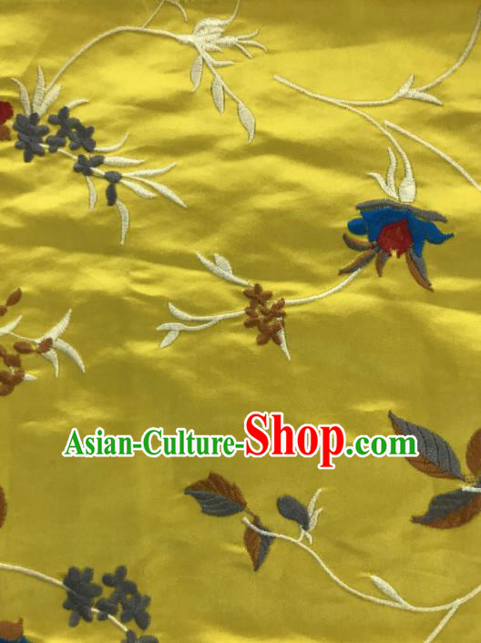 Chinese Traditional Embroidered Vine Flowers Pattern Design Yellow Silk Fabric Asian China Hanfu Silk Material