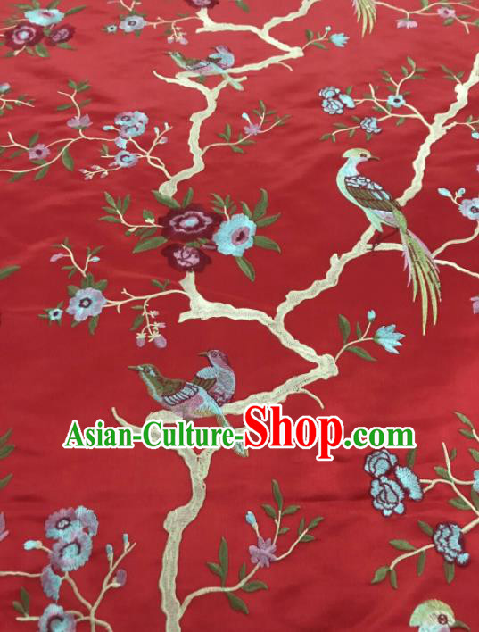 Chinese Traditional Embroidered Begonia Birds Pattern Design Red Silk Fabric Asian China Hanfu Silk Material