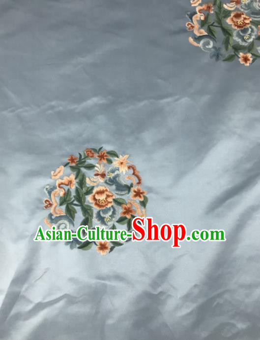 Chinese Traditional Embroidered Round Peony Pattern Design Blue Silk Fabric Asian China Hanfu Silk Material