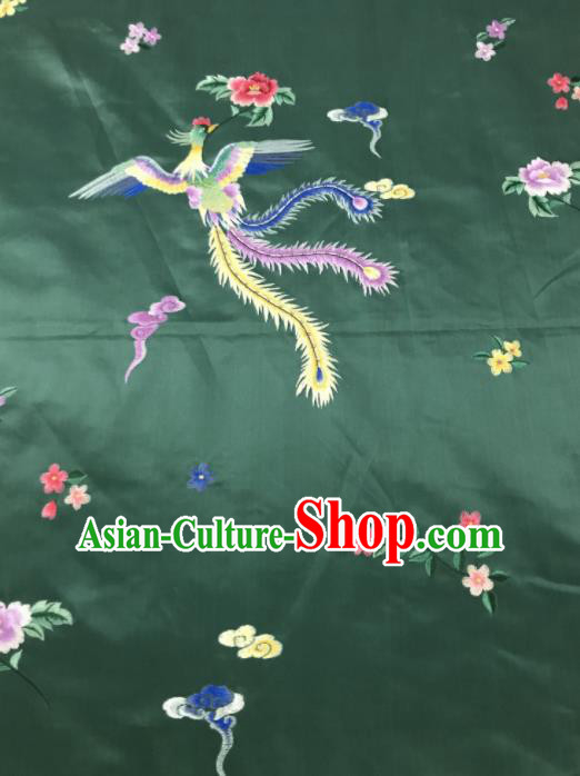 Chinese Traditional Embroidered Phoenix Peony Pattern Design Green Silk Fabric Asian China Hanfu Silk Material