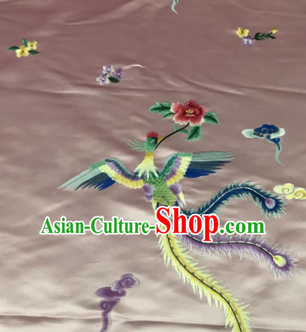 Chinese Traditional Embroidered Phoenix Peony Pattern Design Pink Silk Fabric Asian China Hanfu Silk Material