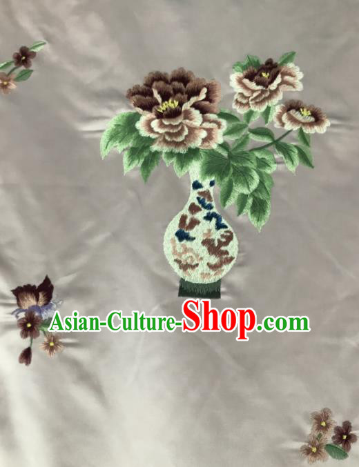 Chinese Traditional Embroidered Peony Vase Pattern Design Pink Silk Fabric Asian China Hanfu Silk Material