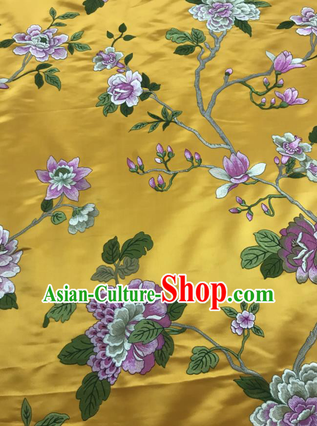 Chinese Traditional Embroidered Peony Pattern Design Yellow Silk Fabric Asian China Hanfu Silk Material